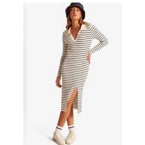 Abercrombie & Fitch Ribbed Knit Stretch Striped Collared‎ Sweater Slit Dress Lg